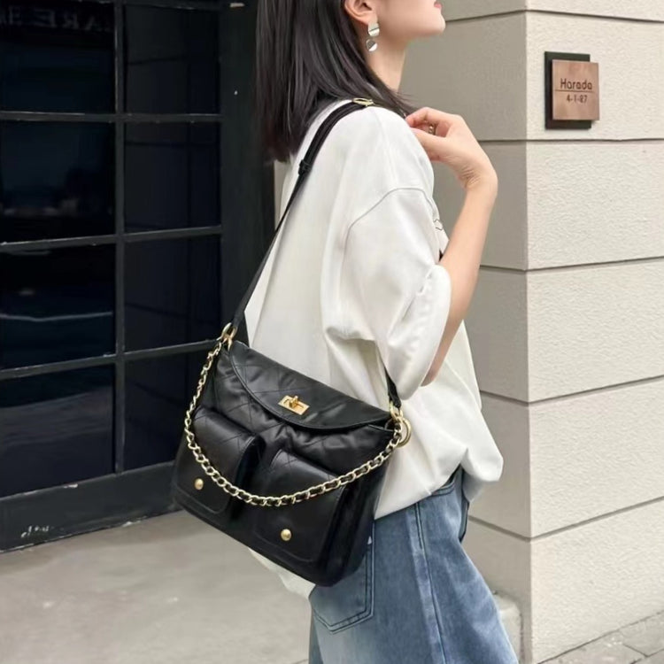 質感真皮|小香風菱格鏈條包頭層牛皮hobo鏈條腋下包郵差包口袋機車時尚百搭「3622」24.08-4