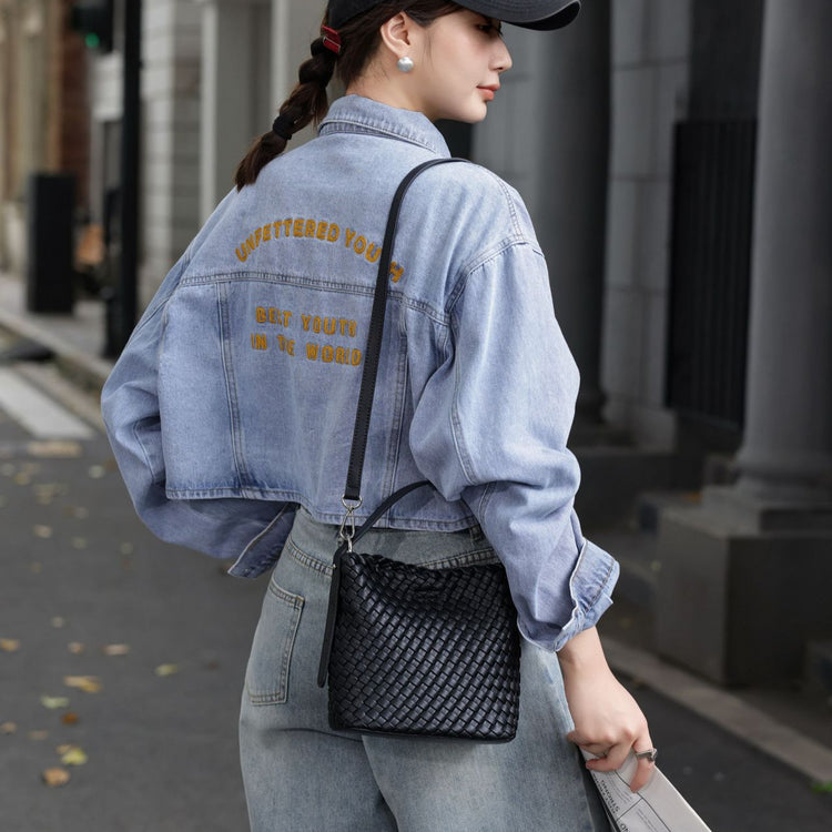 質感真皮|2024新夏季編織手提菜籃時尚百搭肩背包斜背包水桶網紅休閒包「6952」24.07-2