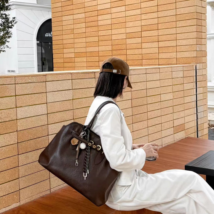 質感真皮|2024新款大容量腋下托特包ins網紅同款小眾復古百搭手提包高級感皮帶扣裝飾大包「8159」24.08-3