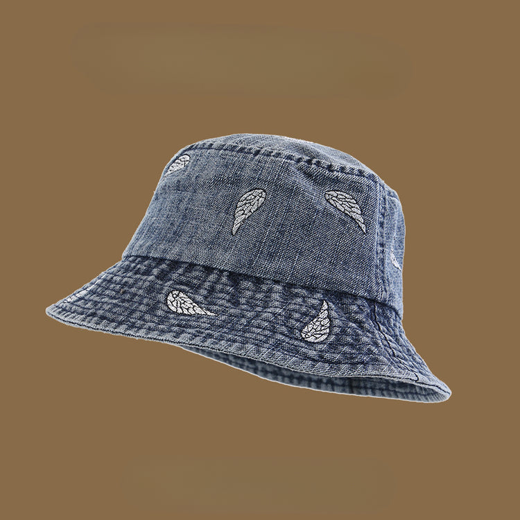 流行帽子|韓版葉子刺繡牛仔漁夫帽子女春秋水洗復古戶外百搭遮陽小檐水桶帽「C4961」25.03-1