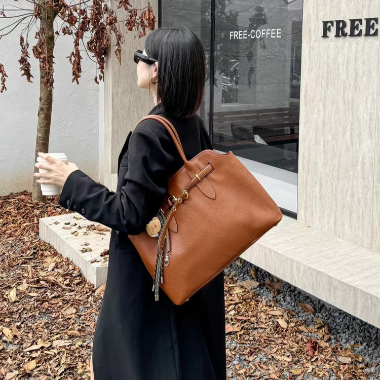 質感真皮|2024新款大容量腋下托特包ins網紅同款小眾復古百搭手提包高級感皮帶扣裝飾大包「8159」24.08-3