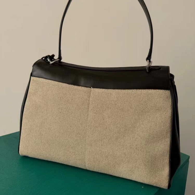 質感真皮|2024新款高級感大容量帆布拼皮手提單肩包時尚潮流通勤拼接鎖扣手提包「2328」24.07-5