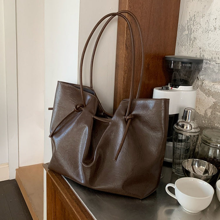日韓流行|秋冬復古咖色綁帶托特包女士2025簡約大容量通勤單肩包時尚手提包「L9045」25.11-1
