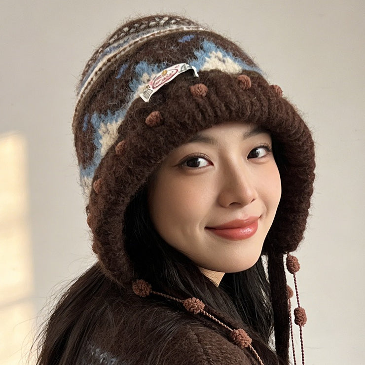 流行帽子|2025新款費爾島針織毛線帽子女秋冬保暖巴拉克拉法帽護耳包頭帽子「C5896」25.12-2