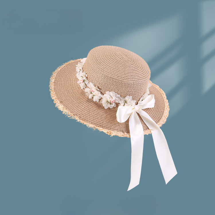 流行帽子|韓系蕾絲蝴蝶結帽子女海邊大檐草帽戶外甜美出遊遮陽帽百搭沙灘帽「C5269」25.05-2