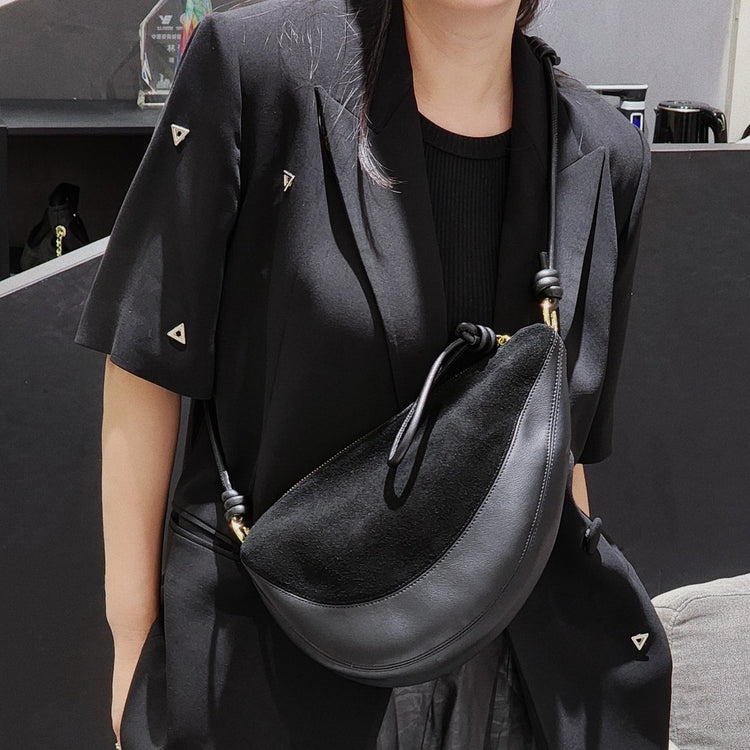 質感真皮|磨砂牛皮拼接羊皮月牙包女包2024新款真皮休閒斜背餃子包百搭單肩「3300-3#」24.10-2