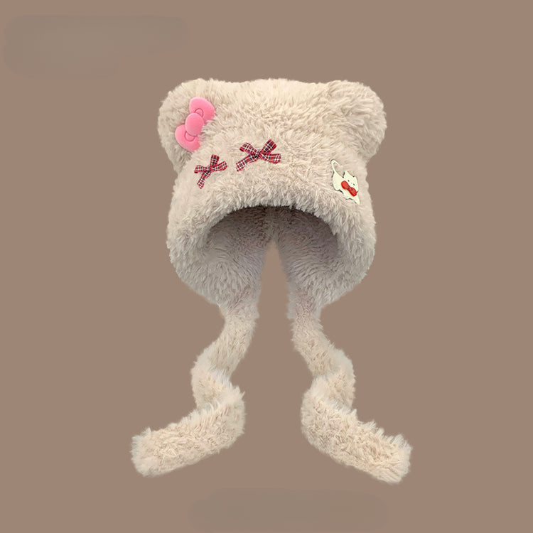 流行帽子|可愛小熊耳朵貓咪蝴蝶結帽子女秋冬加厚保暖毛絨帽護耳針織雷鋒帽「C5591」25.09-2