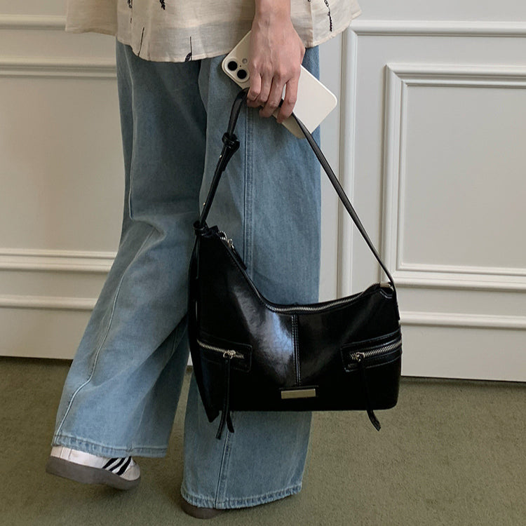 日韓流行|韓國小眾辣妹風Y2K潮酷單肩包腋下餃子包高級感黑色百搭新月包女「F9012」25.07-4