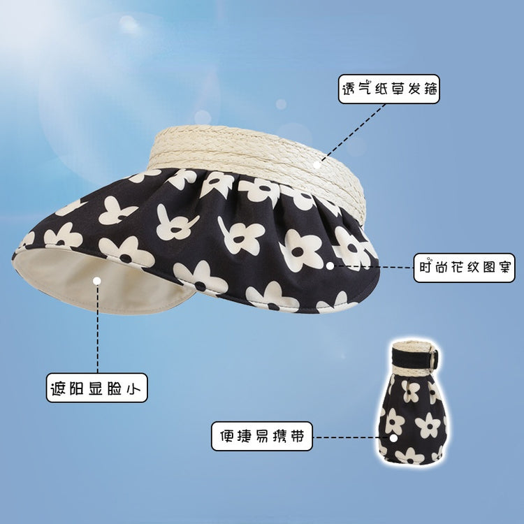 流行帽子 | 新款時尚紙草空頂帽小花紋時尚戶外太陽帽夏季百搭遮陽防曬帽女「C1039」22.04-2