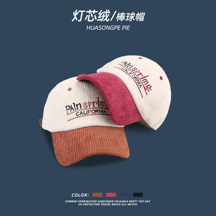 流行帽子 | 秋冬季時尚拼色刺繡字母棒球帽子女個性顯臉小燈芯絨休閒鴨舌帽男「C1655」22.10-4