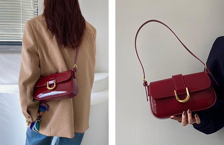 日韓流行|高級感包女2024新款復古酒紅色馬蹄扣時尚手提腋下包單肩斜挎包「9306#」24.03-1