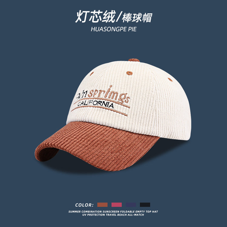 流行帽子 | 秋冬季時尚拼色刺繡字母棒球帽子女個性顯臉小燈芯絨休閒鴨舌帽男「C1655」22.10-4
