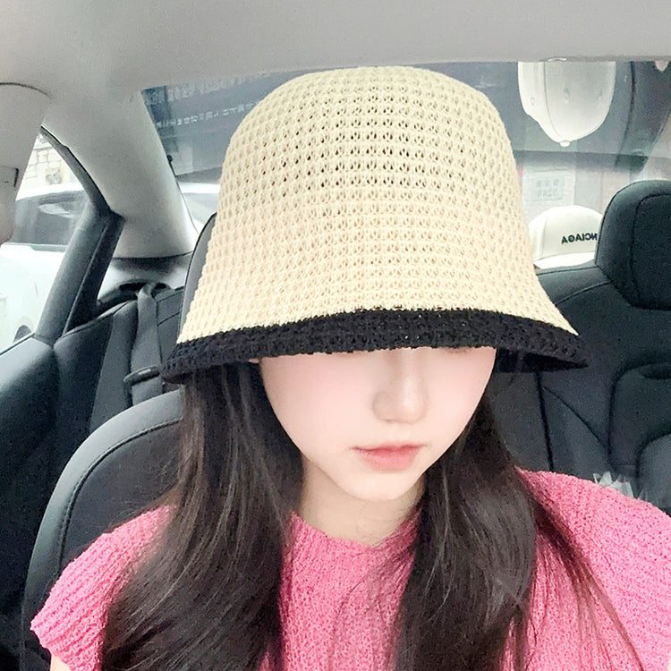流行帽子|草編水桶帽夏季出遊沙灘漁夫帽鏤空透氣百搭可折疊太陽帽防曬帽女「C3721」24.03-1