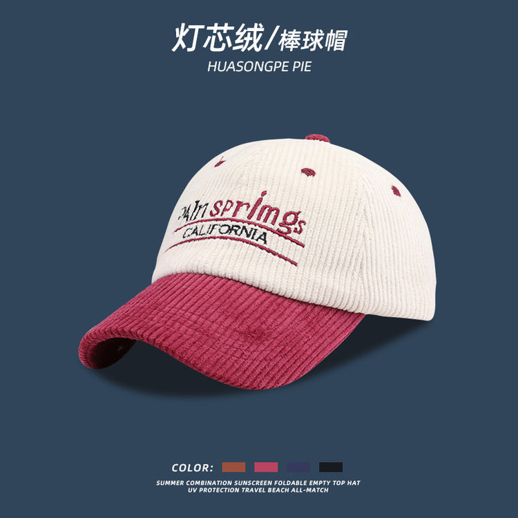 流行帽子 | 秋冬季時尚拼色刺繡字母棒球帽子女個性顯臉小燈芯絨休閒鴨舌帽男「C1655」22.10-4