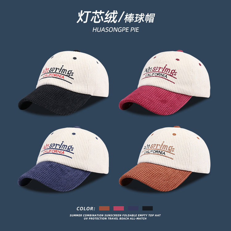 流行帽子 | 秋冬季時尚拼色刺繡字母棒球帽子女個性顯臉小燈芯絨休閒鴨舌帽男「C1655」22.10-4