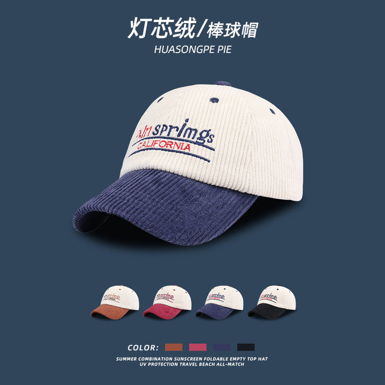 流行帽子 | 秋冬季時尚拼色刺繡字母棒球帽子女個性顯臉小燈芯絨休閒鴨舌帽男「C1655」22.10-4