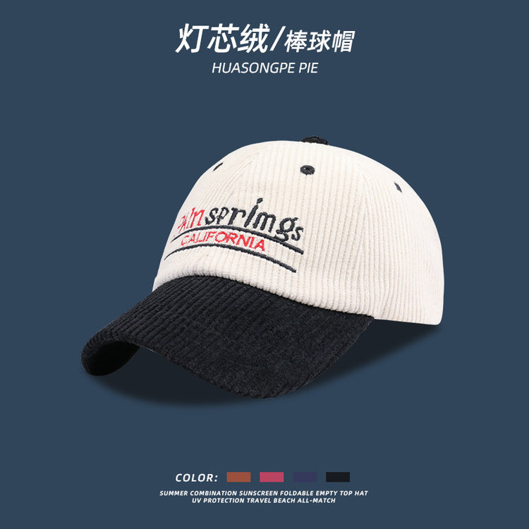流行帽子 | 秋冬季時尚拼色刺繡字母棒球帽子女個性顯臉小燈芯絨休閒鴨舌帽男「C1655」22.10-4