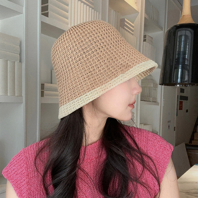 流行帽子|草編水桶帽夏季出遊沙灘漁夫帽鏤空透氣百搭可折疊太陽帽防曬帽女「C3721」24.03-1