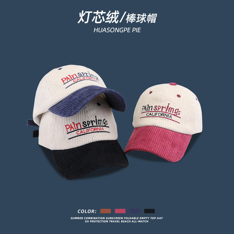 流行帽子 | 秋冬季時尚拼色刺繡字母棒球帽子女個性顯臉小燈芯絨休閒鴨舌帽男「C1655」22.10-4