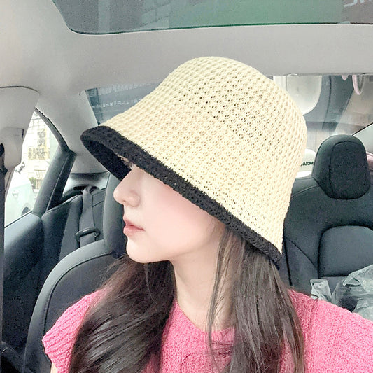 流行帽子|草編水桶帽夏季出遊沙灘漁夫帽鏤空透氣百搭可折疊太陽帽防曬帽女「C3721」24.03-1