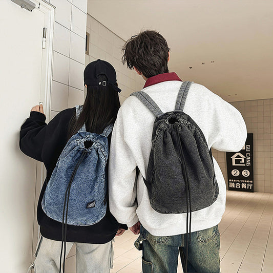 致青春 | 束口牛仔布雙肩包復古大容量抽繩大學生書包運動休閒旅行背包「1873-125」25.07-2