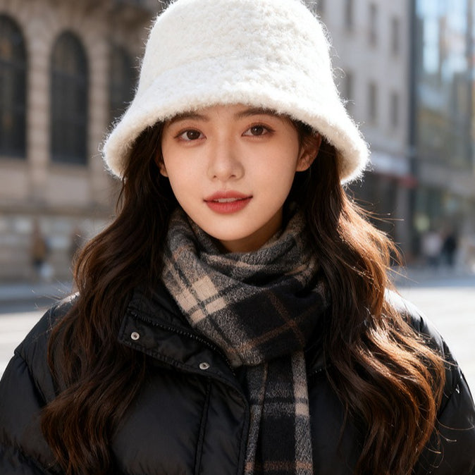 流行帽子｜秋冬新款帽子女純色簡約漁夫帽戶外百搭顯臉小羊毛盆帽保暖水桶帽「C5894」25.12-2