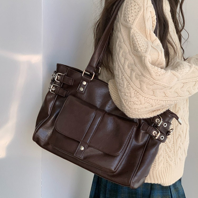 日韓流行｜秋冬2025新款復古咖色百搭大容量通勤托特包韓版學院風單肩斜挎包「F9050」25.12-1