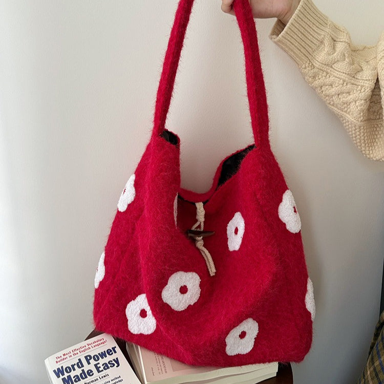 日韓流行｜韓版毛絨花朵刺繡通勤水桶包秋冬新款小眾設計森系簡約毛呢托特包「B219」25.12-2
