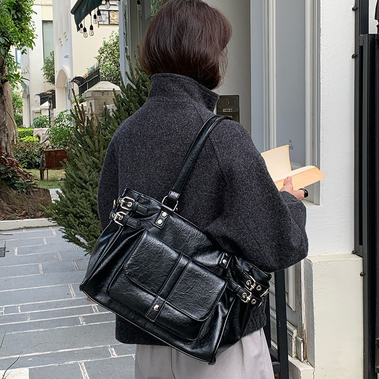 日韓流行｜秋冬2025新款復古咖色百搭大容量通勤托特包韓版學院風單肩斜挎包「F9050」25.12-1