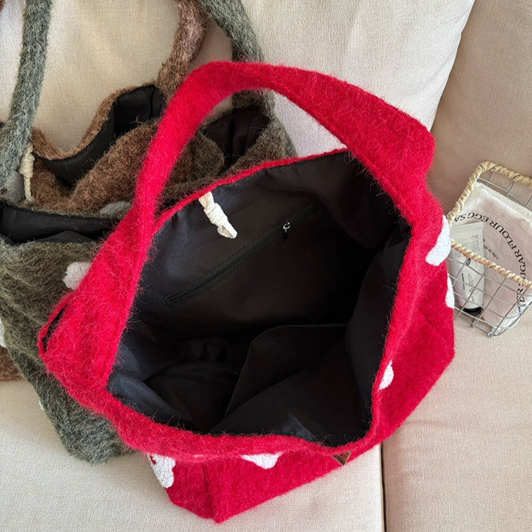 日韓流行｜韓版毛絨花朵刺繡通勤水桶包秋冬新款小眾設計森系簡約毛呢托特包「B219」25.12-2