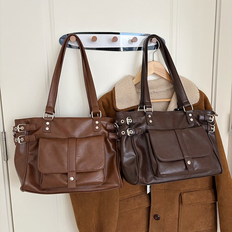 日韓流行｜秋冬2025新款復古咖色百搭大容量通勤托特包韓版學院風單肩斜挎包「F9050」25.12-1