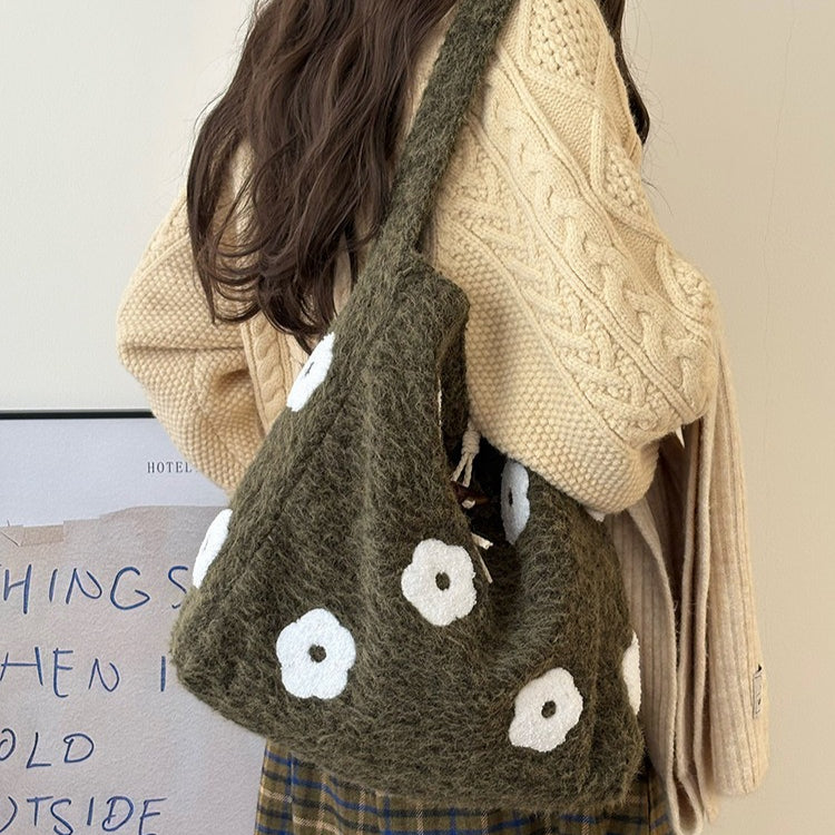 日韓流行｜韓版毛絨花朵刺繡通勤水桶包秋冬新款小眾設計森系簡約毛呢托特包「B219」25.12-2