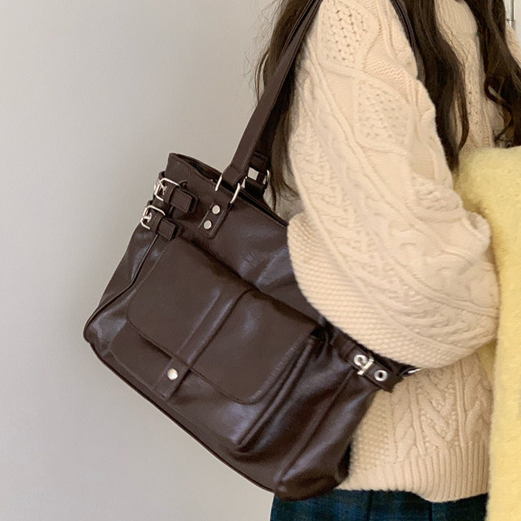 日韓流行｜秋冬2025新款復古咖色百搭大容量通勤托特包韓版學院風單肩斜挎包「F9050」25.12-1