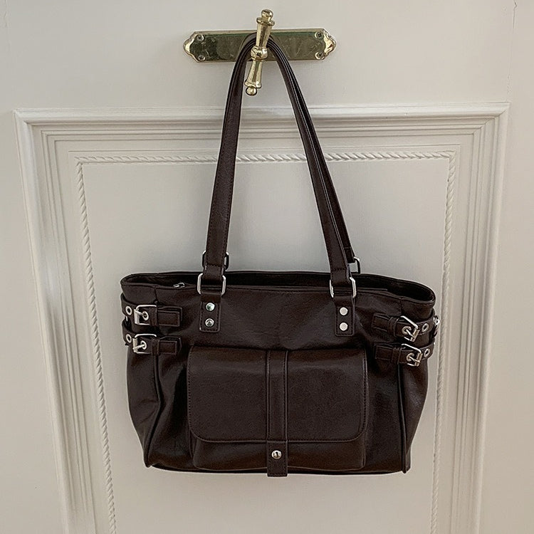 日韓流行｜秋冬2025新款復古咖色百搭大容量通勤托特包韓版學院風單肩斜挎包「F9050」25.12-1