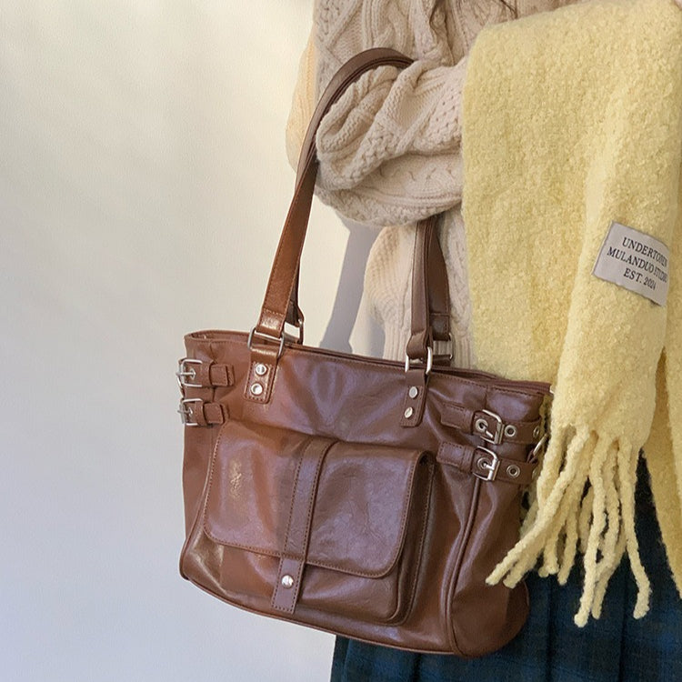 日韓流行｜秋冬2025新款復古咖色百搭大容量通勤托特包韓版學院風單肩斜挎包「F9050」25.12-1