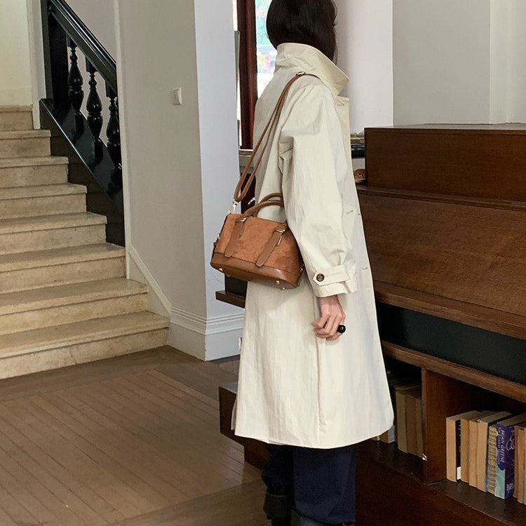 日韓流行｜復古棕色麂皮絨手提包包女冬季2025新款潮韓版保齡球包多功能斜挎包「H9051」25.12-1