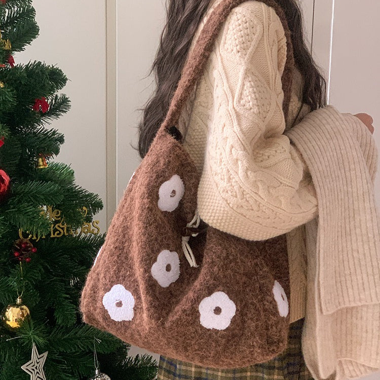 日韓流行｜韓版毛絨花朵刺繡通勤水桶包秋冬新款小眾設計森系簡約毛呢托特包「B219」25.12-2