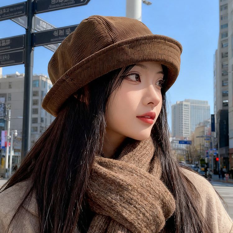 流行帽子｜秋冬燈芯絨漁夫帽子女2025新款一帽多戴禮帽休閒百搭保暖貝雷帽潮「C5636」25.09-4