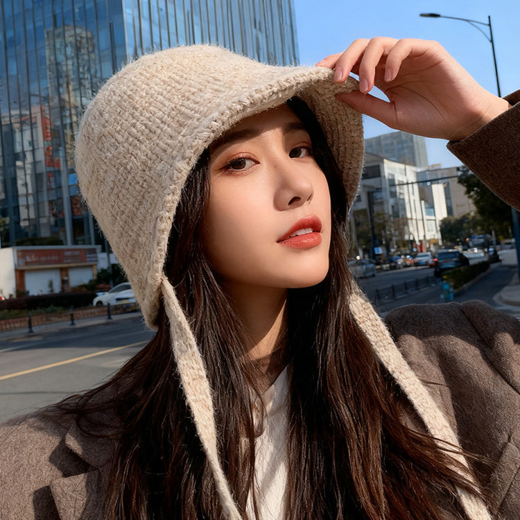 流行帽子｜韓系毛絨針織系帶漁夫帽子女秋冬顯臉小百搭盆帽大頭圍保暖水桶帽「C5743」25.10-4