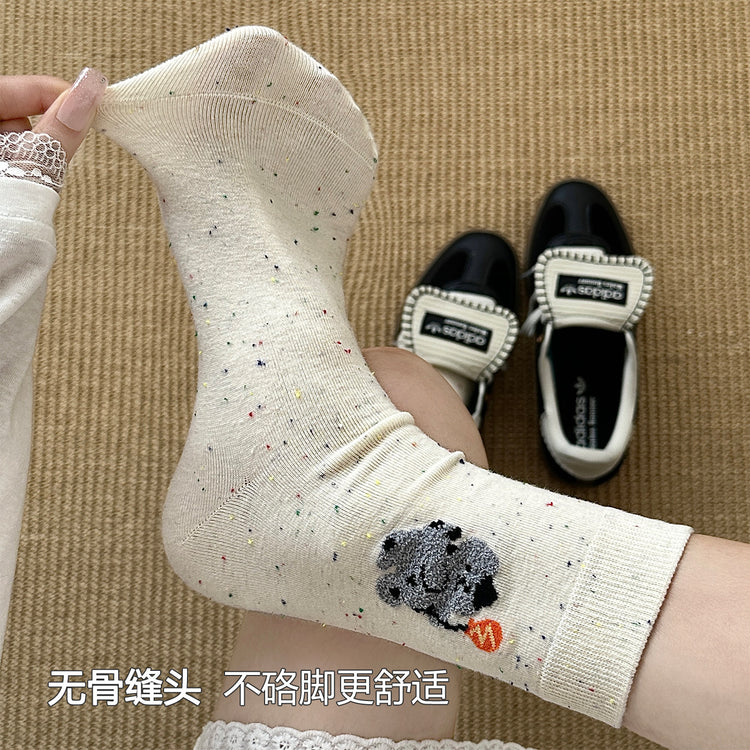 女襪｜點子紗襪子女棉質吸汗透氣彈力無骨中筒襪毛絨卡通親膚舒適堆堆襪「HC5202」25.07-5