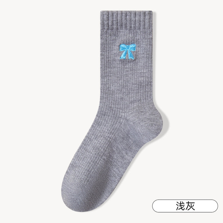 女襪｜刺繡蝴蝶結襪子女秋冬加絨加厚蓄熱保暖中筒襪親膚舒適產後月子襪「MYH24151」25.10-1