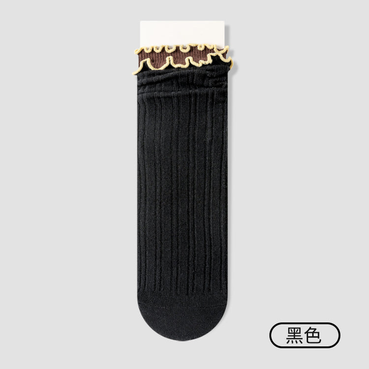 女襪｜雙木耳邊撞色襪子女棉質吸汗透氣彈力堆堆襪耐磨抗起球諸暨襪子「NY2576」25.07-2