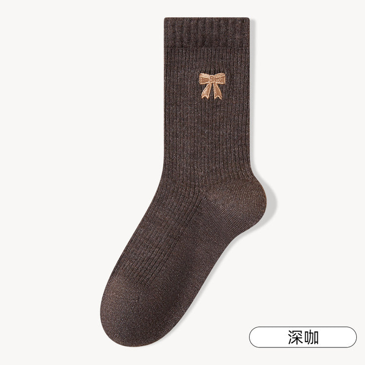 女襪｜刺繡蝴蝶結襪子女秋冬加絨加厚蓄熱保暖中筒襪親膚舒適產後月子襪「MYH24151」25.10-1