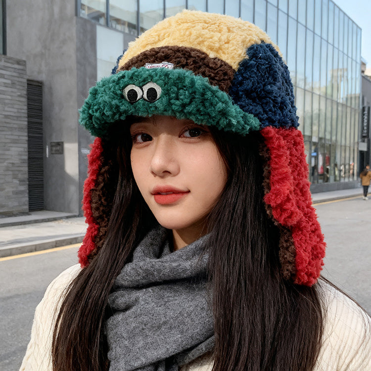 流行帽子｜可愛泡芙蛙翻檐羊羔絨帽子女冬保暖護耳帽多巴胺撞色套頭帽男「C5726」25.10-4