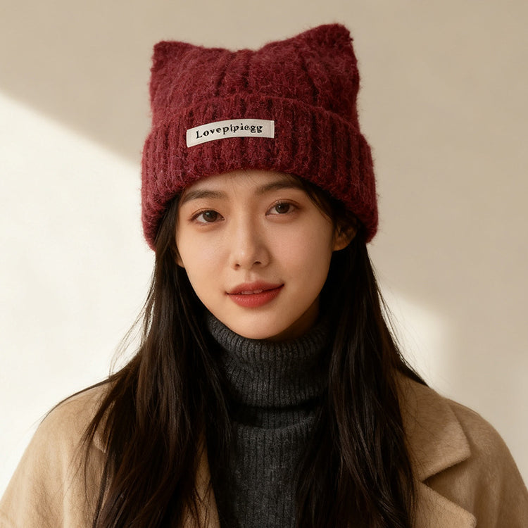流行帽子｜貓耳朵帽子女秋冬韓系大頭圍可愛保暖針織帽護耳顯臉小毛線冷帽潮「C5838」25.11-3