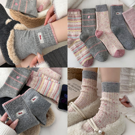 女襪｜襪子女士拼色點子紗加厚保暖羊毛襪冬季蓄熱鎖溫抗寒堆堆襪「D25859」25.11-2