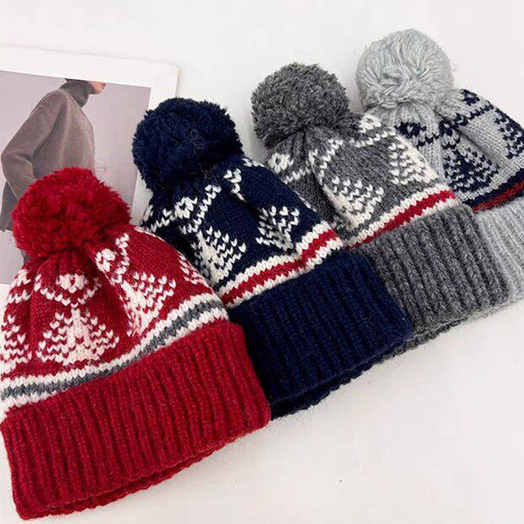 流行帽子｜2025復古費爾島風毛線帽子女冬季加厚保暖針織帽日系護耳毛球冷帽「C4775AA」25.12-1