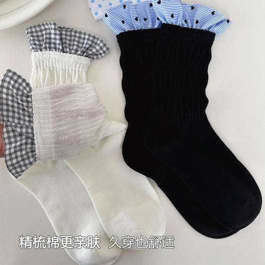 女襪｜拼接格子襪子女ins潮親膚舒適好搭堆堆襪棉質吸汗透氣彈力中筒襪「PS135」25.07-5