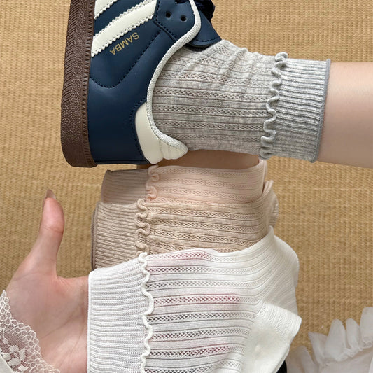 女襪｜彈力木耳邊襪子女棉質吸汗透氣薄款堆堆襪竪條鏤空網眼舒適中筒襪「CX798」25.08-1