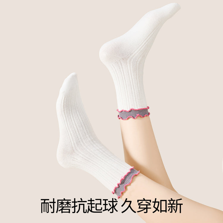 女襪｜雙木耳邊撞色襪子女棉質吸汗透氣彈力堆堆襪耐磨抗起球諸暨襪子「NY2576」25.07-2
